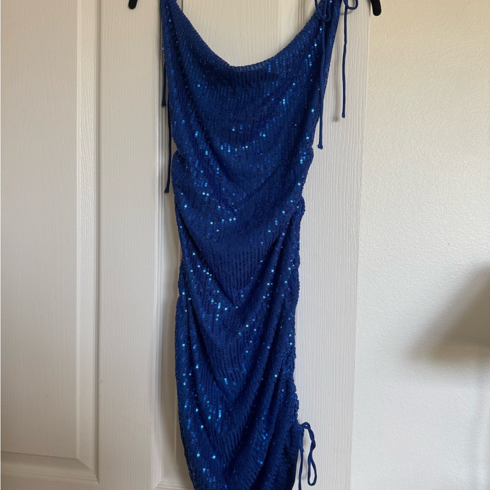 Blue Sequin Draped Dress